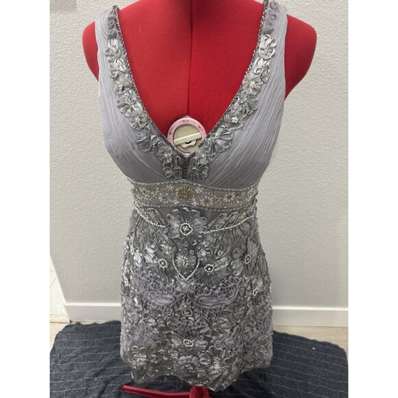 Sue Wong Nocturne Beaded Dress 4 Silver Floral Embroidery Party Cocktail - Picture 1 of 9